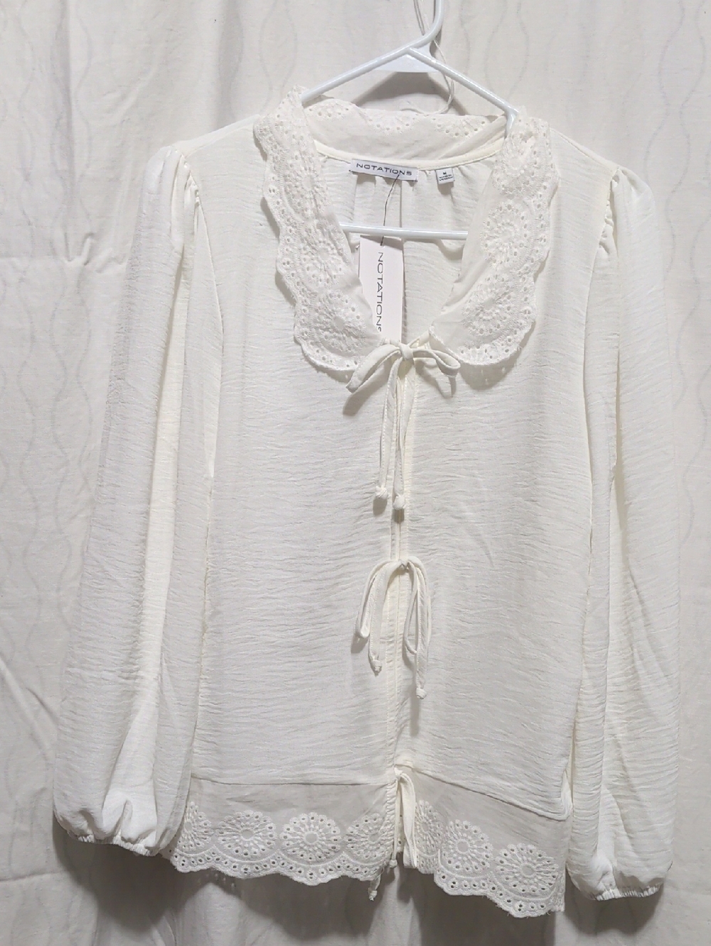 Notations Cottagecore Off White Eyelet Tie-Neck‎ Blouse size M